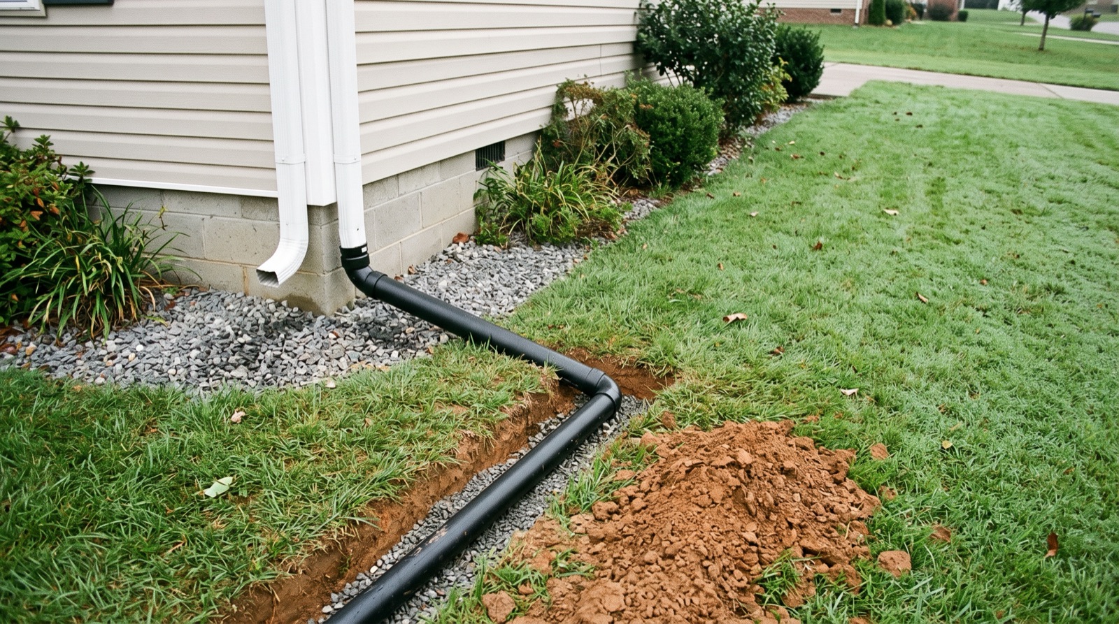 A downspout tied into a solid buried drain line carrying roof water away from the corner of a house