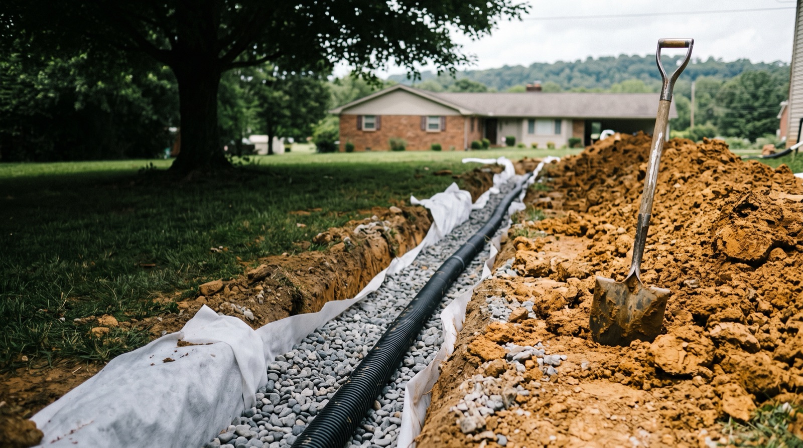 An open french drain trench in a Tennessee back yard, perforated pipe bedded in washed stone with filter fabric folded back along the edges