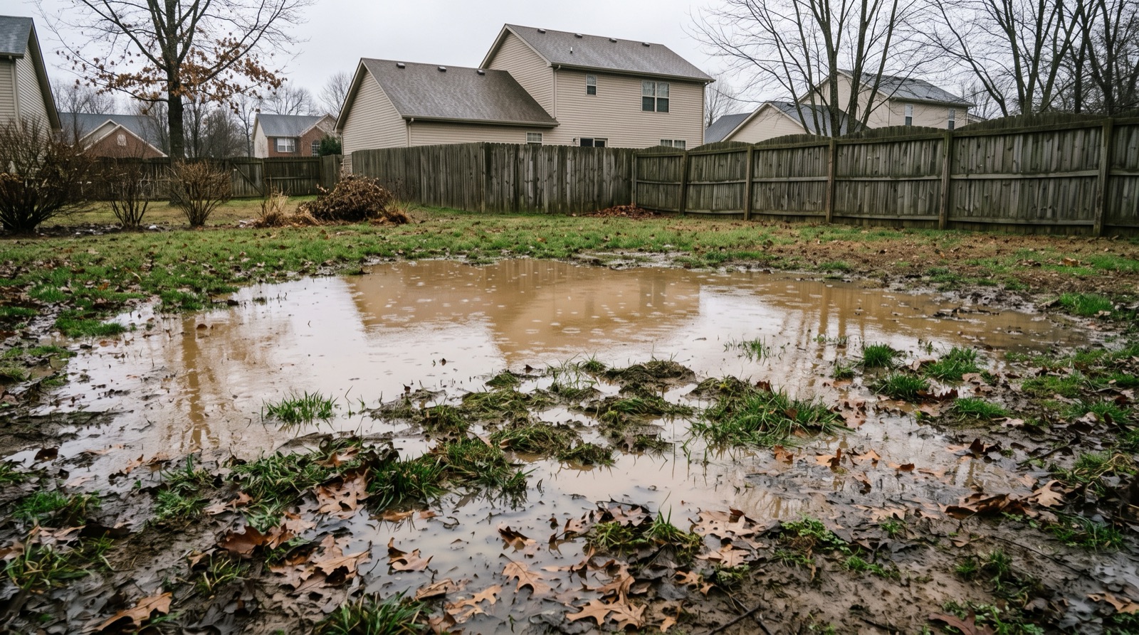 A wide patch of standing water sitting across a low area of a residential lawn after heavy rain
